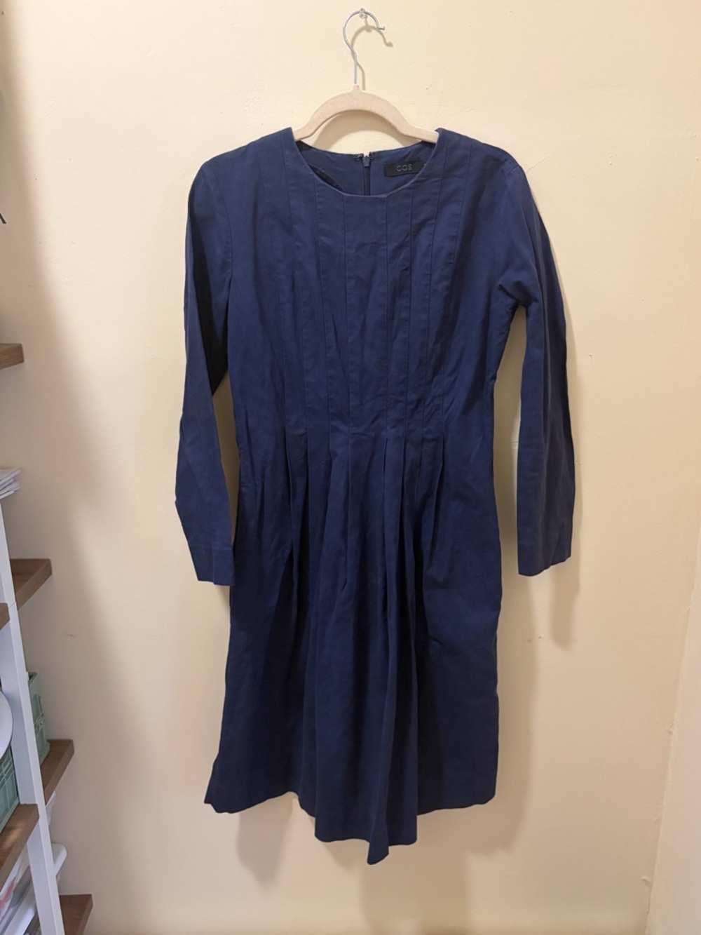cos navy blue pleated long sleeve midi dress